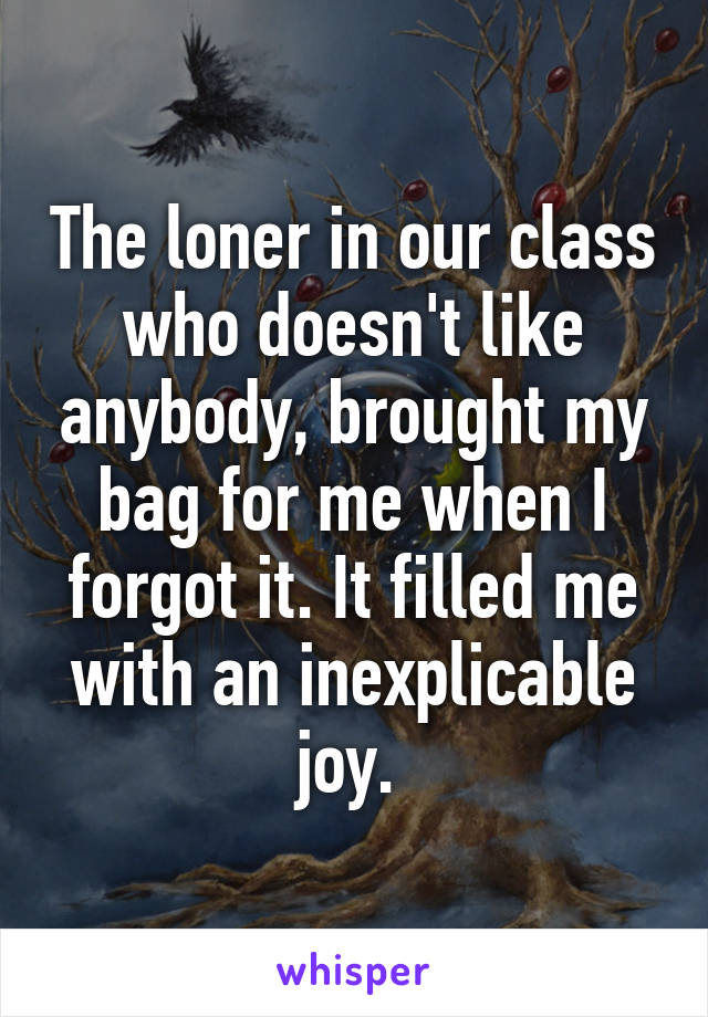 The loner in our class who doesn't like anybody, brought my bag for me when I forgot it. It filled me with an inexplicable joy. 