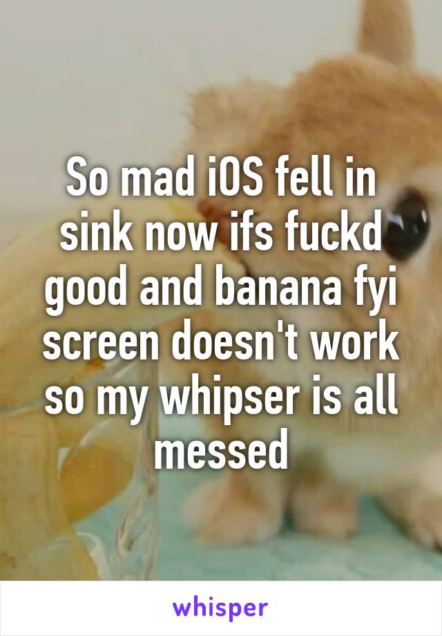 So mad iOS fell in sink now ifs fuckd good and banana fyi screen doesn't work so my whipser is all messed