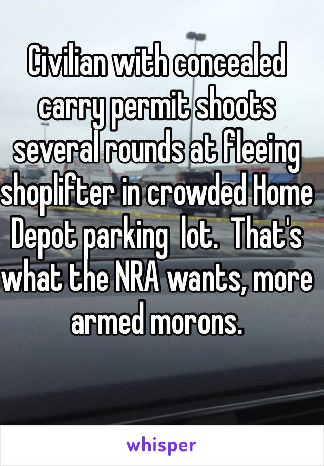 Civilian with concealed carry permit shoots several rounds at fleeing shoplifter in crowded Home Depot parking  lot.  That's what the NRA wants, more armed morons.