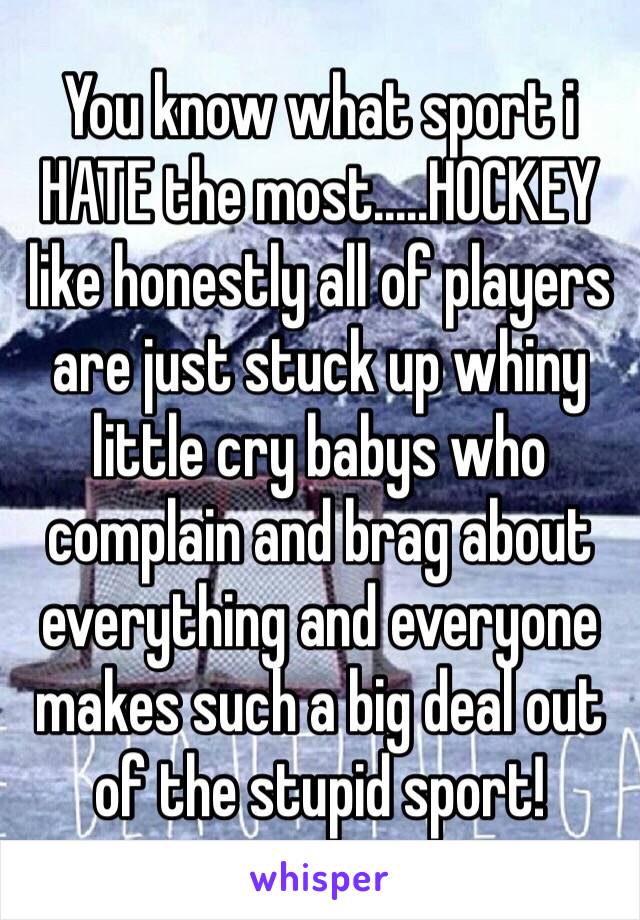 You know what sport i HATE the most.....HOCKEY like honestly all of players are just stuck up whiny little cry babys who complain and brag about everything and everyone makes such a big deal out of the stupid sport!