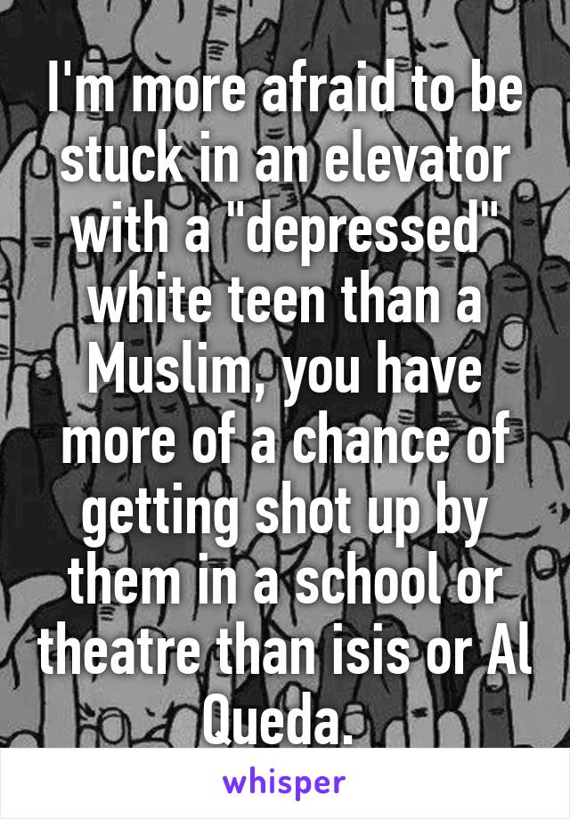 I'm more afraid to be stuck in an elevator with a "depressed" white teen than a Muslim, you have more of a chance of getting shot up by them in a school or theatre than isis or Al Queda. 