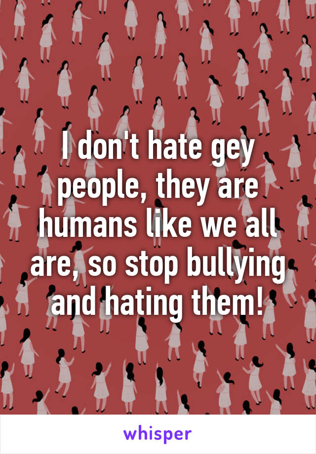 I don't hate gey people, they are humans like we all are, so stop bullying and hating them!