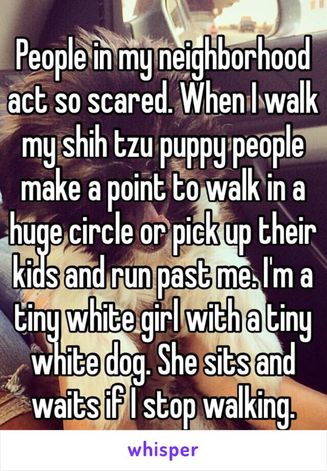 People in my neighborhood act so scared. When I walk my shih tzu puppy people make a point to walk in a huge circle or pick up their kids and run past me. I'm a tiny white girl with a tiny white dog. She sits and waits if I stop walking.