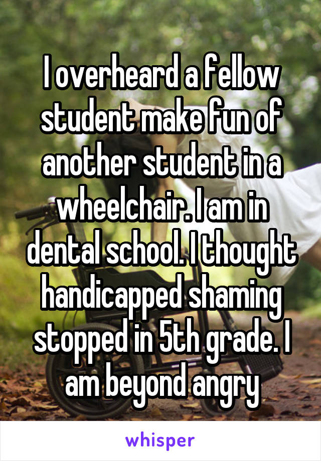 I overheard a fellow student make fun of another student in a wheelchair. I am in dental school. I thought handicapped shaming stopped in 5th grade. I am beyond angry