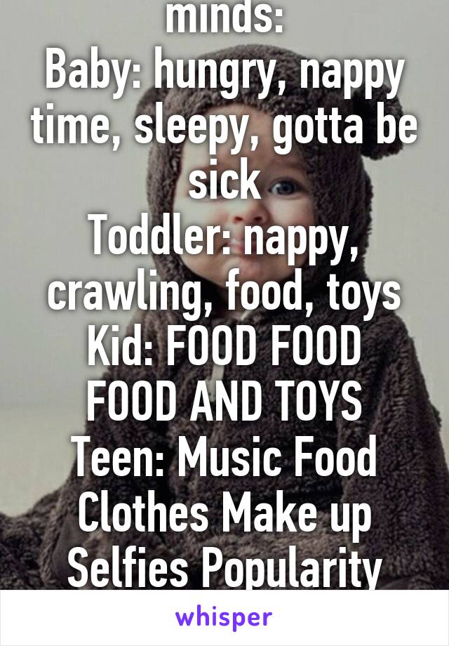 What goes through minds:
Baby: hungry, nappy time, sleepy, gotta be sick
Toddler: nappy, crawling, food, toys
Kid: FOOD FOOD FOOD AND TOYS
Teen: Music Food Clothes Make up Selfies Popularity
Adult:Eh
