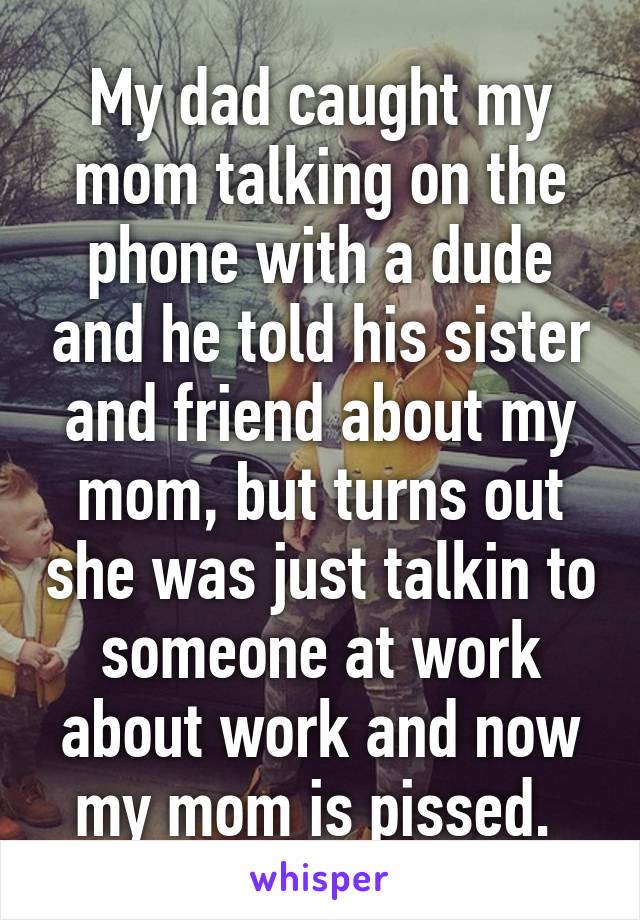 My dad caught my mom talking on the phone with a dude and he told his sister and friend about my mom, but turns out she was just talkin to someone at work about work and now my mom is pissed. 