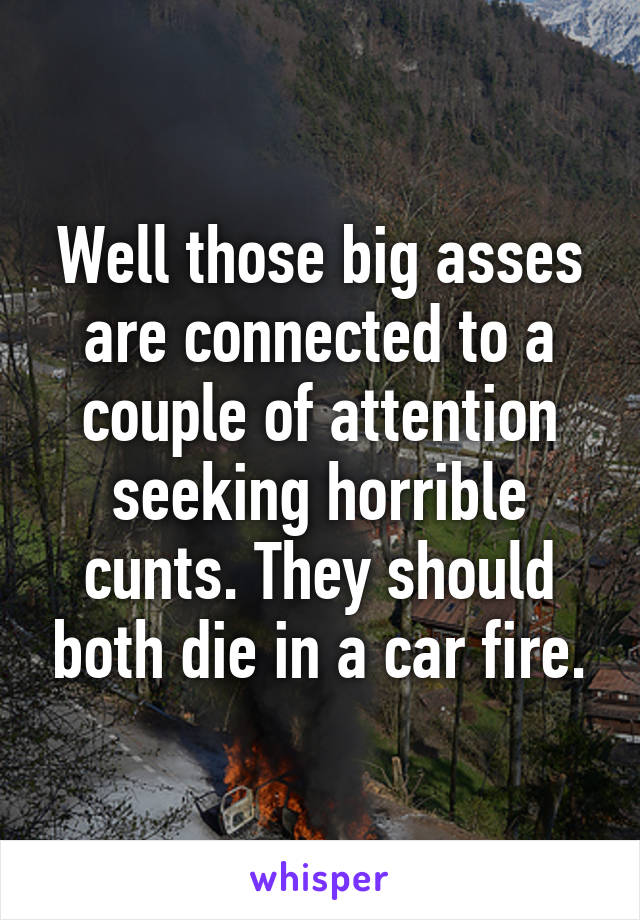 Well those big asses are connected to a couple of attention seeking horrible cunts. They should both die in a car fire.