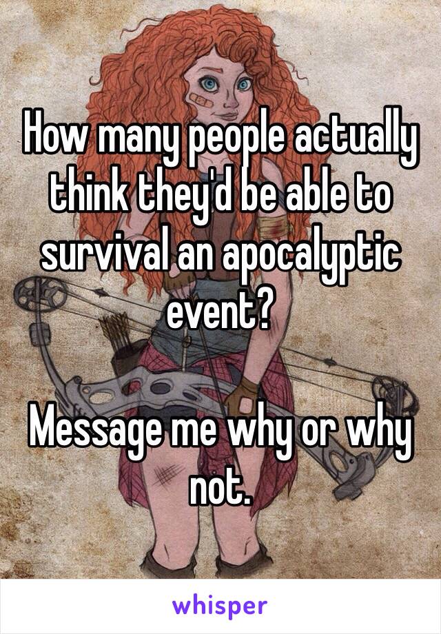 How many people actually think they'd be able to survival an apocalyptic event? 

Message me why or why not. 