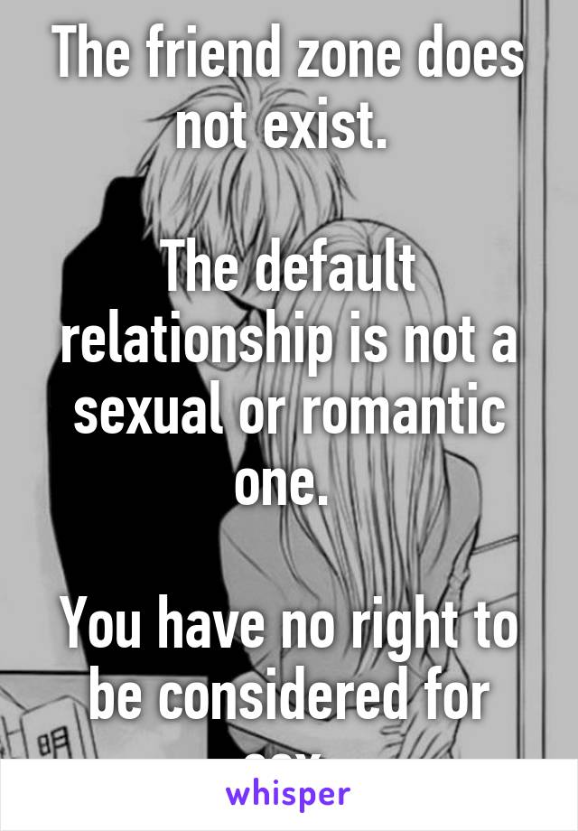 The friend zone does not exist. 

The default relationship is not a sexual or romantic one. 

You have no right to be considered for sex.