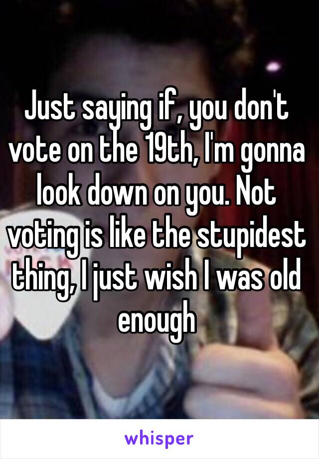 Just saying if, you don't vote on the 19th, I'm gonna look down on you. Not voting is like the stupidest thing, I just wish I was old enough 