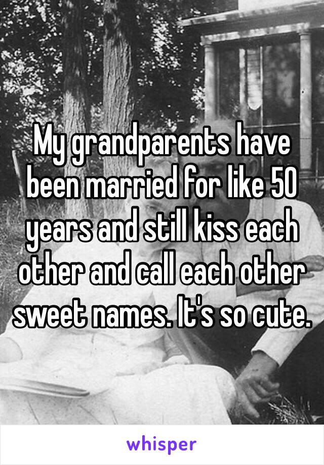 My grandparents have been married for like 50 years and still kiss each other and call each other sweet names. It's so cute.