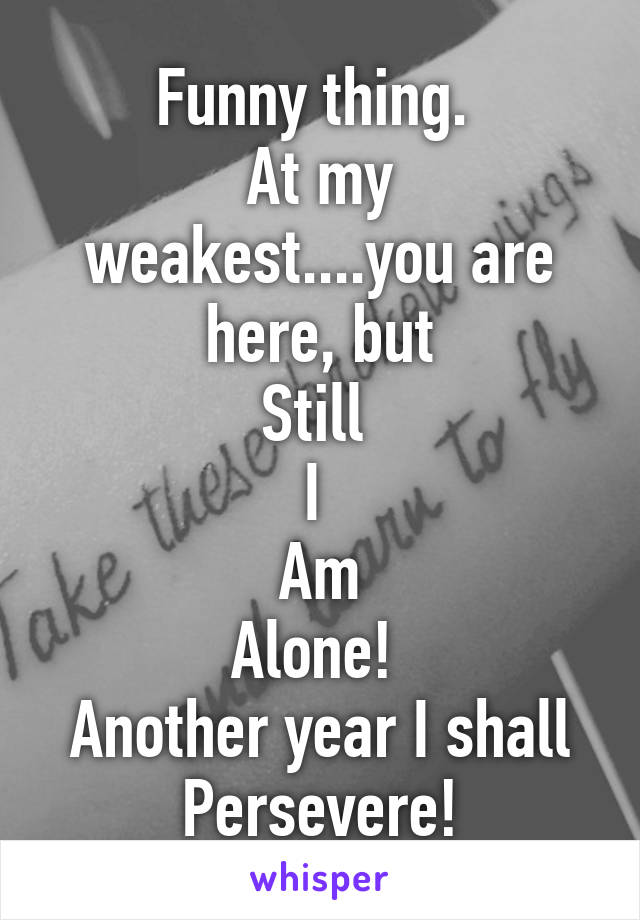 Funny thing. 
At my weakest....you are here, but
Still 
I 
Am
Alone! 
Another year I shall
Persevere!