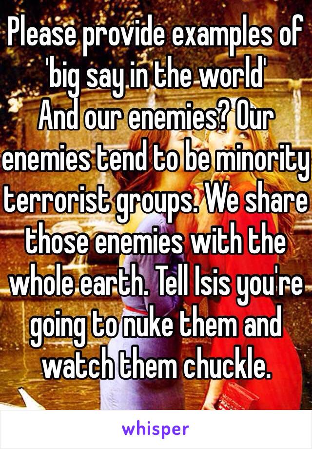 Please provide examples of 'big say in the world' 
And our enemies? Our enemies tend to be minority terrorist groups. We share those enemies with the whole earth. Tell Isis you're going to nuke them and watch them chuckle. 