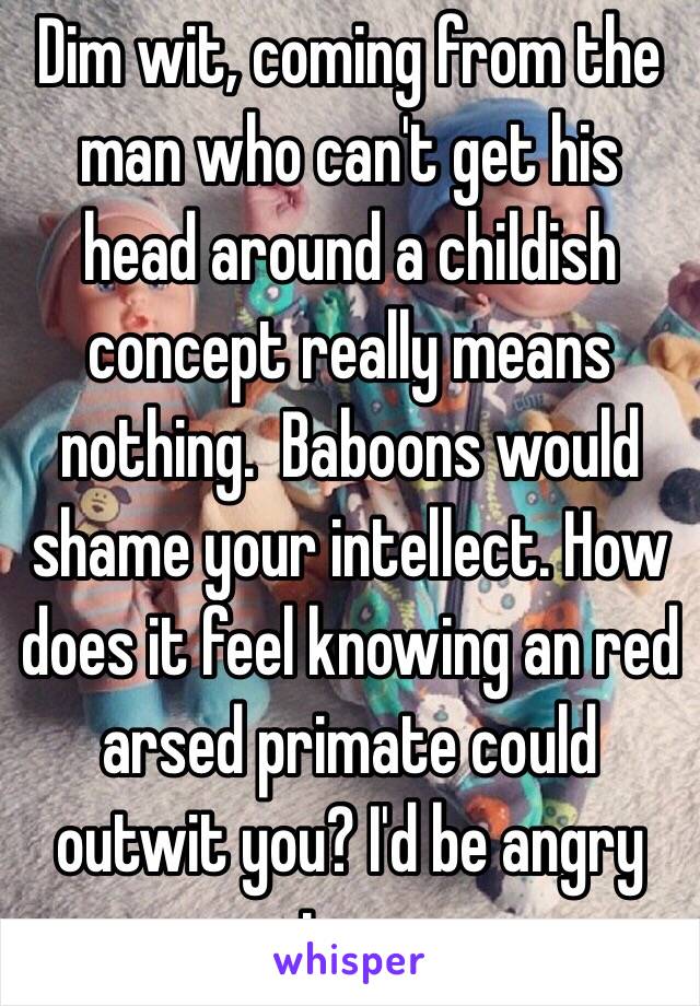 Dim wit, coming from the man who can't get his head around a childish concept really means nothing.  Baboons would shame your intellect. How does it feel knowing an red arsed primate could outwit you? I'd be angry too. 