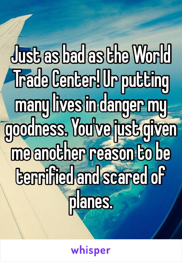 Just as bad as the World Trade Center! Ur putting many lives in danger my goodness. You've just given me another reason to be terrified and scared of planes. 