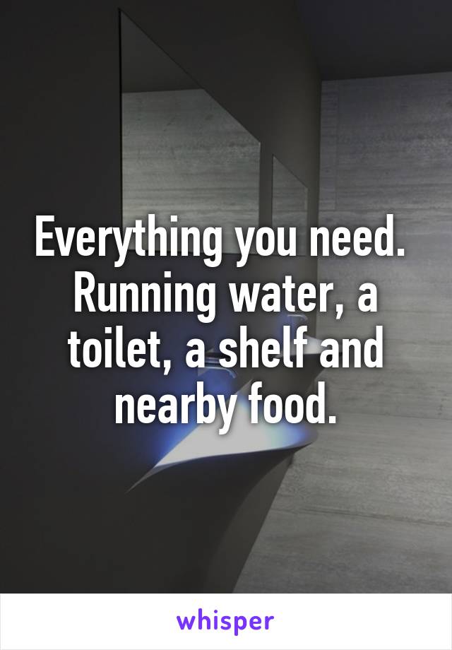 Everything you need.  Running water, a toilet, a shelf and nearby food.