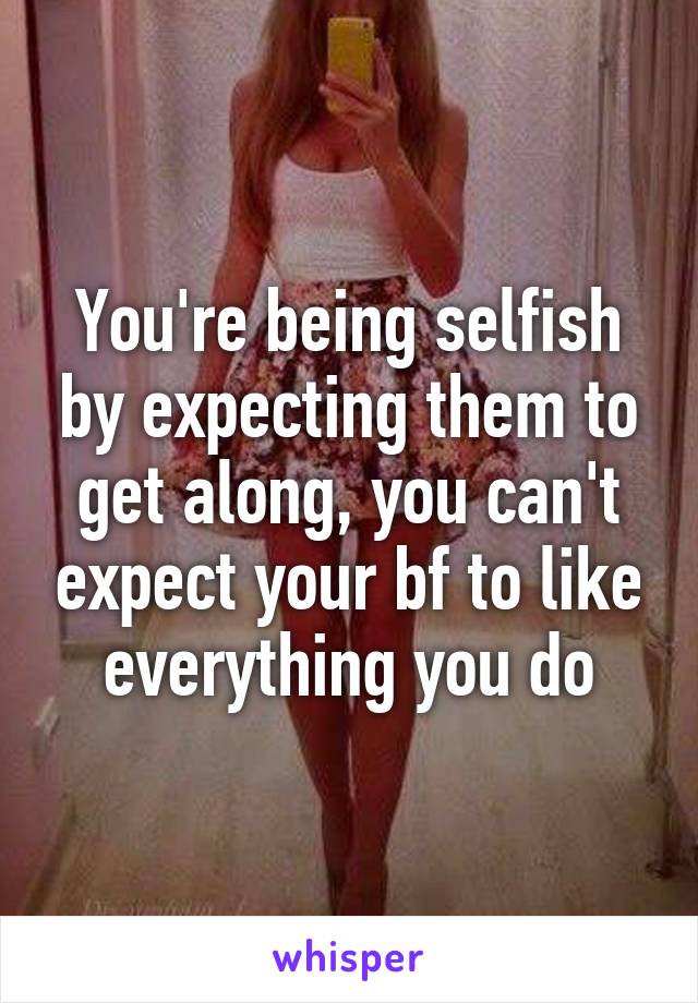 You're being selfish by expecting them to get along, you can't expect your bf to like everything you do