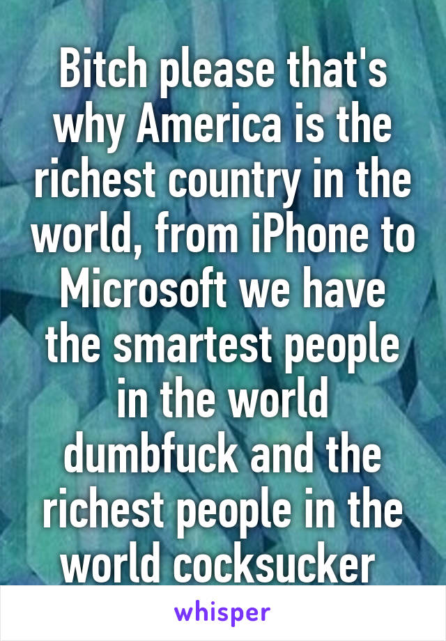 Bitch please that's why America is the richest country in the world, from iPhone to Microsoft we have the smartest people in the world dumbfuck and the richest people in the world cocksucker 