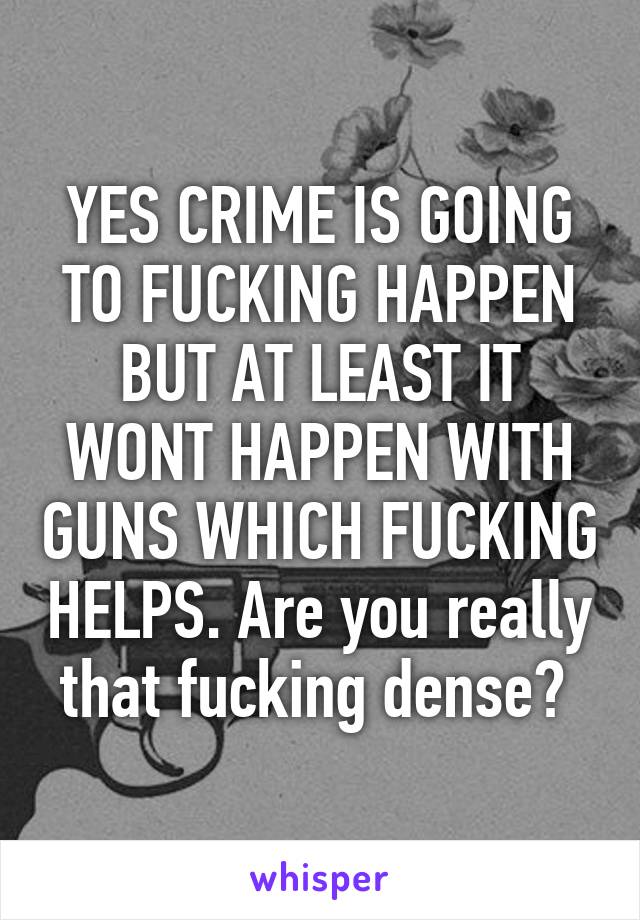 YES CRIME IS GOING TO FUCKING HAPPEN BUT AT LEAST IT WONT HAPPEN WITH GUNS WHICH FUCKING HELPS. Are you really that fucking dense? 