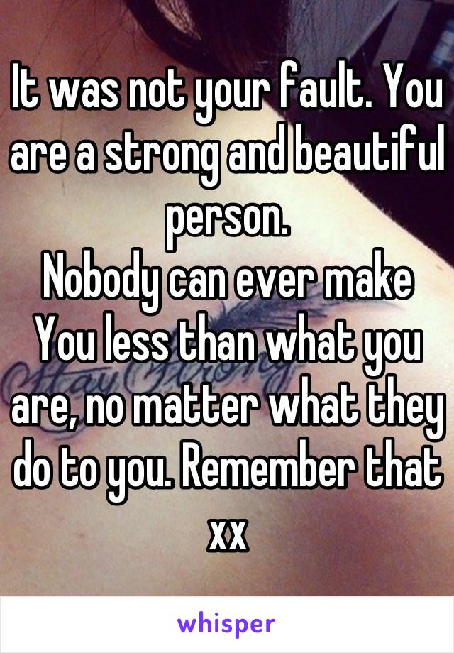 It was not your fault. You are a strong and beautiful person.
Nobody can ever make
You less than what you are, no matter what they do to you. Remember that xx