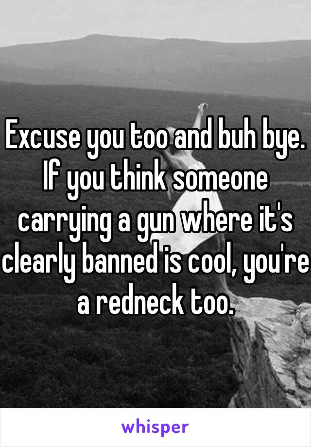 Excuse you too and buh bye. 
If you think someone carrying a gun where it's clearly banned is cool, you're a redneck too. 