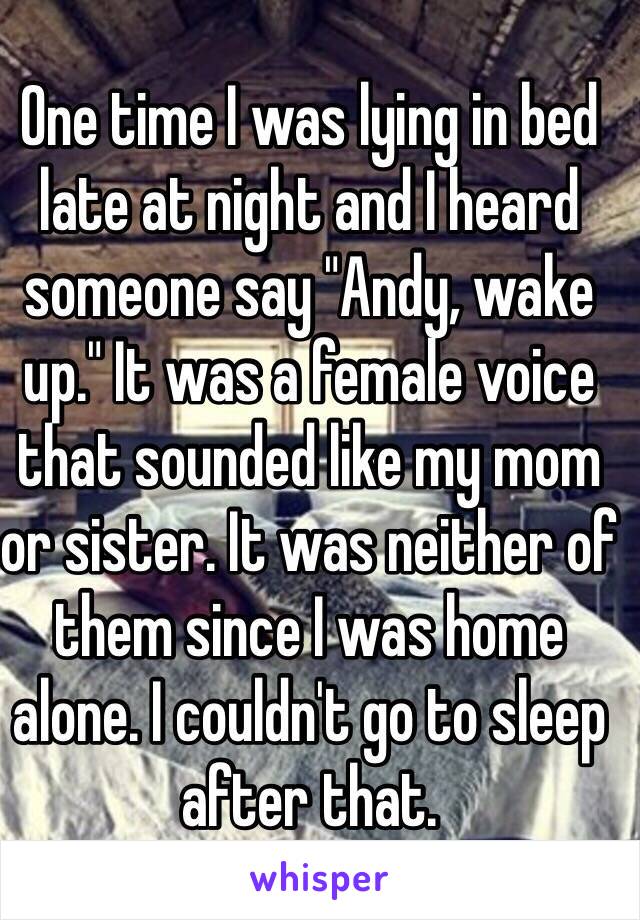 One time I was lying in bed late at night and I heard someone say "Andy, wake up." It was a female voice that sounded like my mom or sister. It was neither of them since I was home alone. I couldn't go to sleep after that.