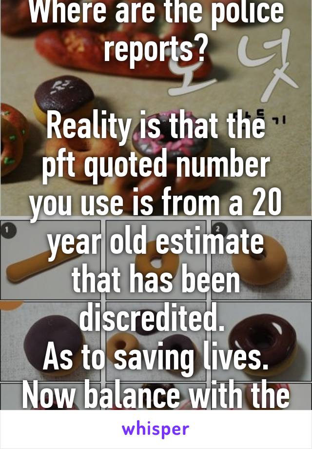 Where are the police reports?

Reality is that the pft quoted number you use is from a 20 year old estimate that has been discredited. 
As to saving lives. Now balance with the other side of the coin.