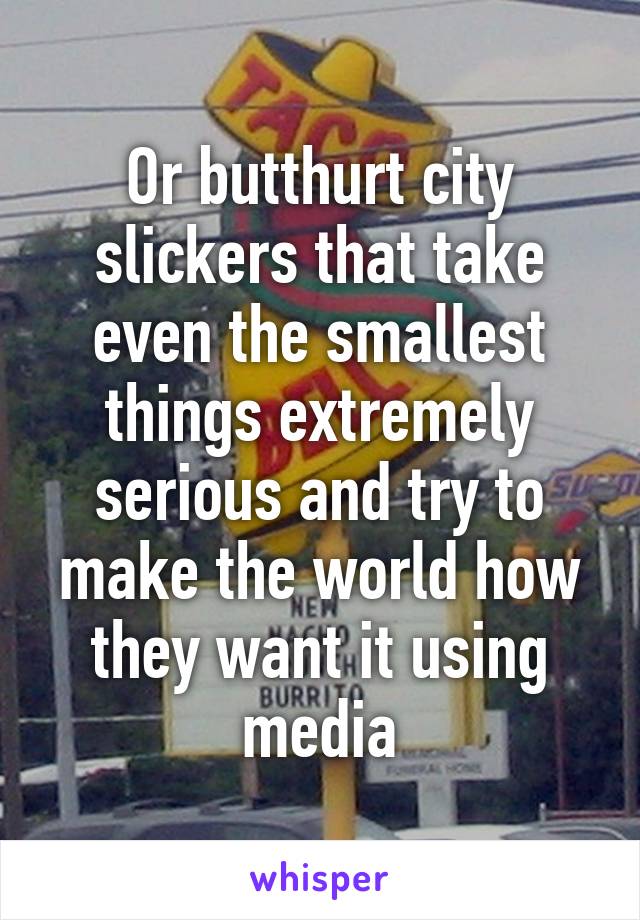 Or butthurt city slickers that take even the smallest things extremely serious and try to make the world how they want it using media