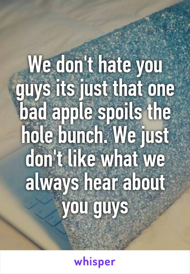 We don't hate you guys its just that one bad apple spoils the hole bunch. We just don't like what we always hear about you guys