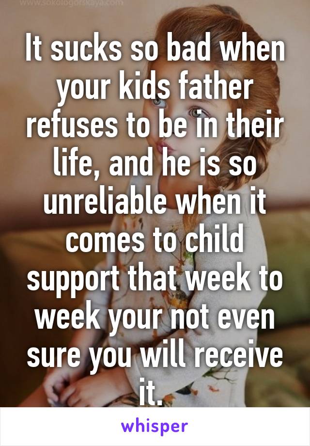 It sucks so bad when your kids father refuses to be in their life, and he is so unreliable when it comes to child support that week to week your not even sure you will receive it. 