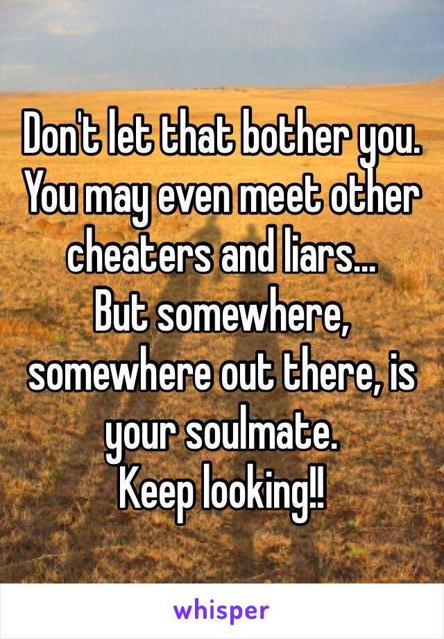 Don't let that bother you.
You may even meet other cheaters and liars...
But somewhere, somewhere out there, is your soulmate.
Keep looking!!