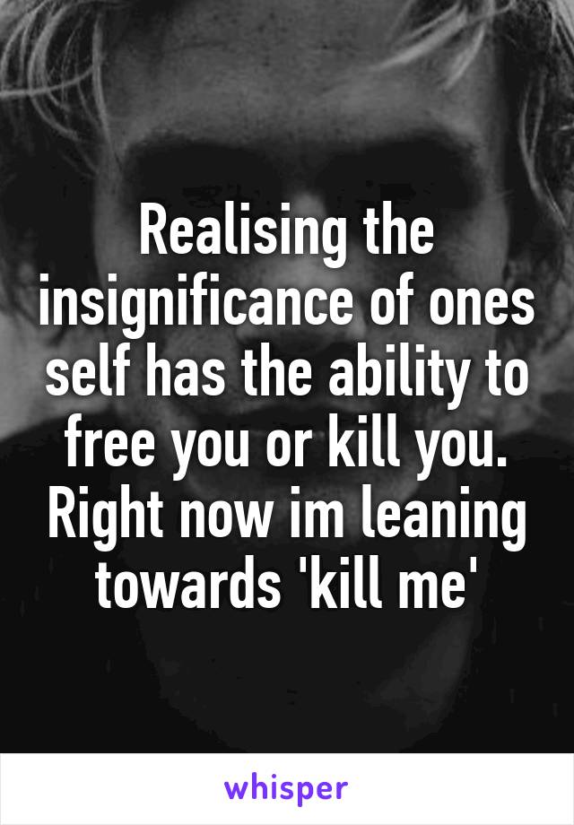 Realising the insignificance of ones self has the ability to free you or kill you. Right now im leaning towards 'kill me'