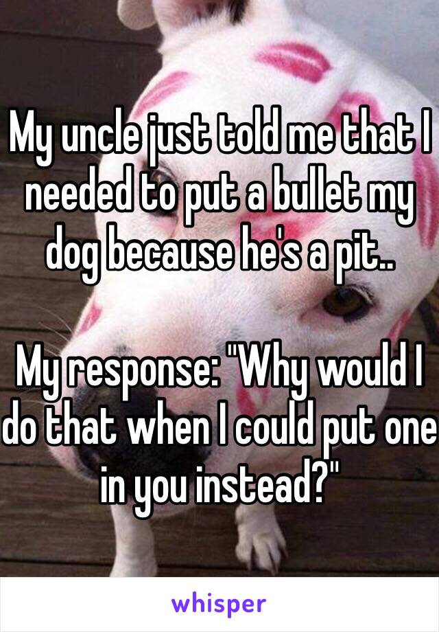 My uncle just told me that I needed to put a bullet my dog because he's a pit..

My response: "Why would I do that when I could put one in you instead?"