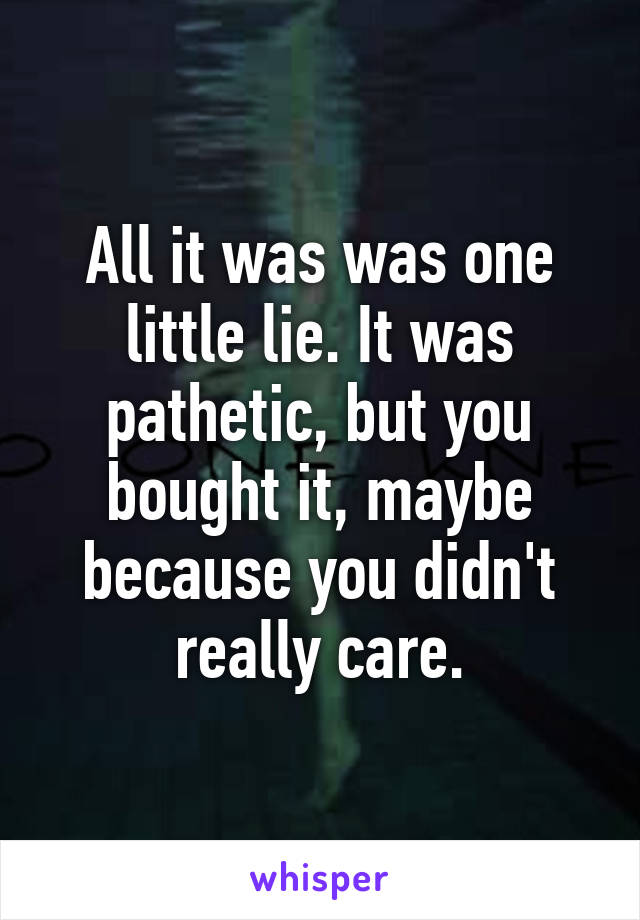 All it was was one little lie. It was pathetic, but you bought it, maybe because you didn't really care.