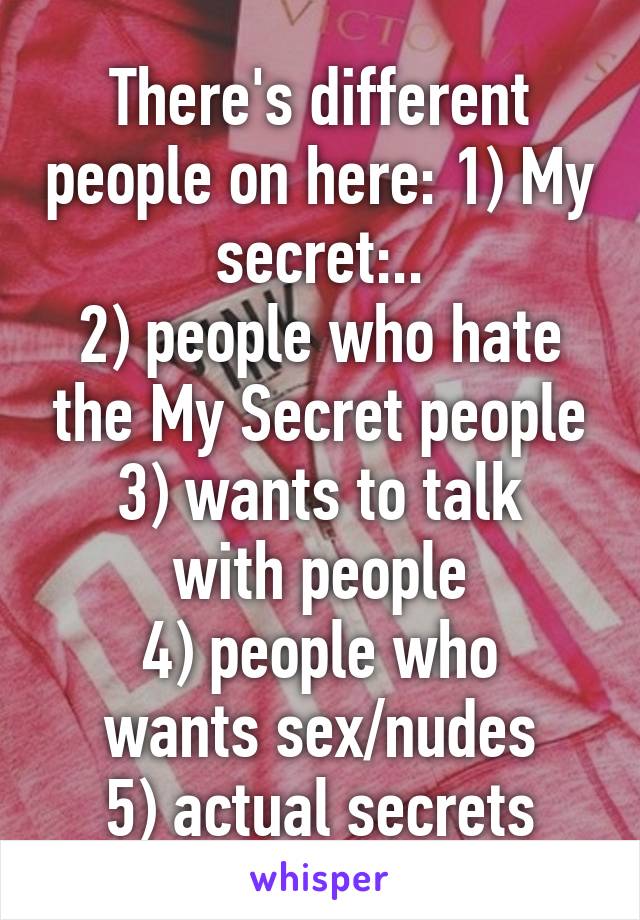 There's different people on here: 1) My secret:..
2) people who hate the My Secret people
3) wants to talk with people
4) people who wants sex/nudes
5) actual secrets