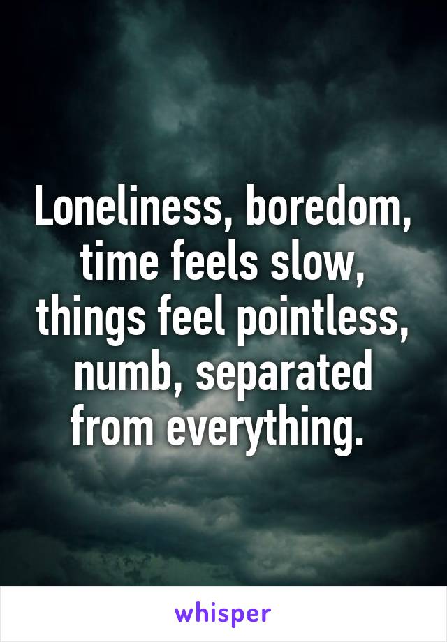 Loneliness, boredom, time feels slow, things feel pointless, numb, separated from everything. 