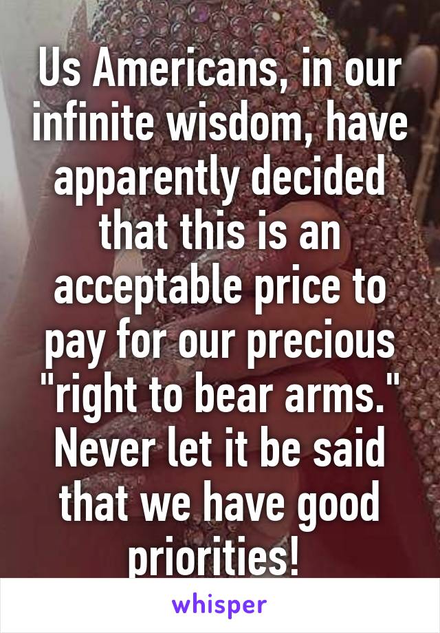 Us Americans, in our infinite wisdom, have apparently decided that this is an acceptable price to pay for our precious "right to bear arms." Never let it be said that we have good priorities! 