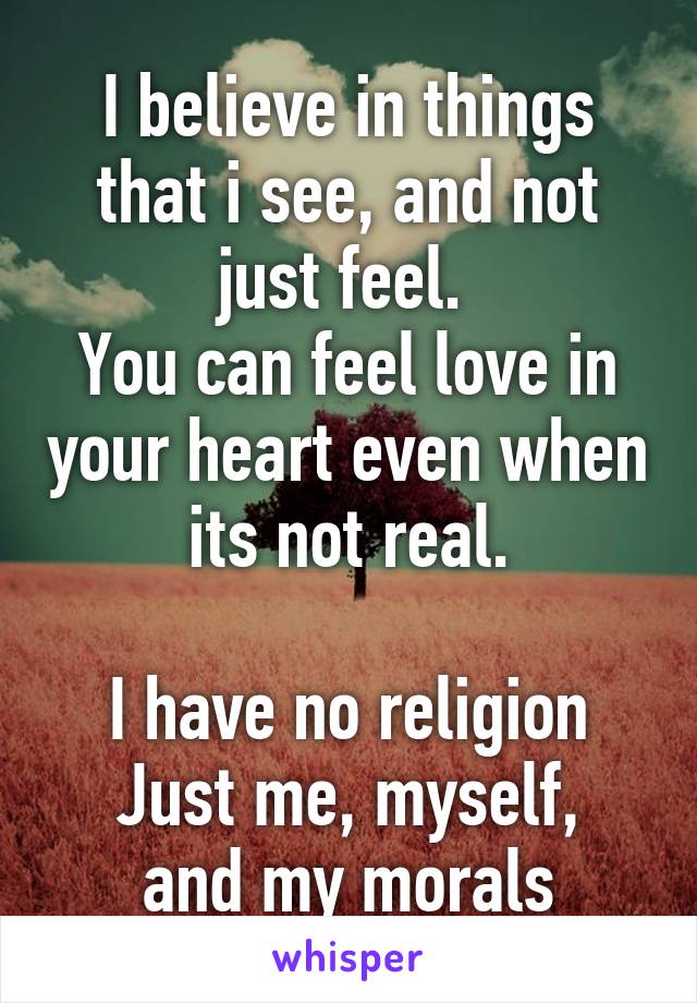 I believe in things that i see, and not just feel. 
You can feel love in your heart even when its not real.

I have no religion
Just me, myself, and my morals