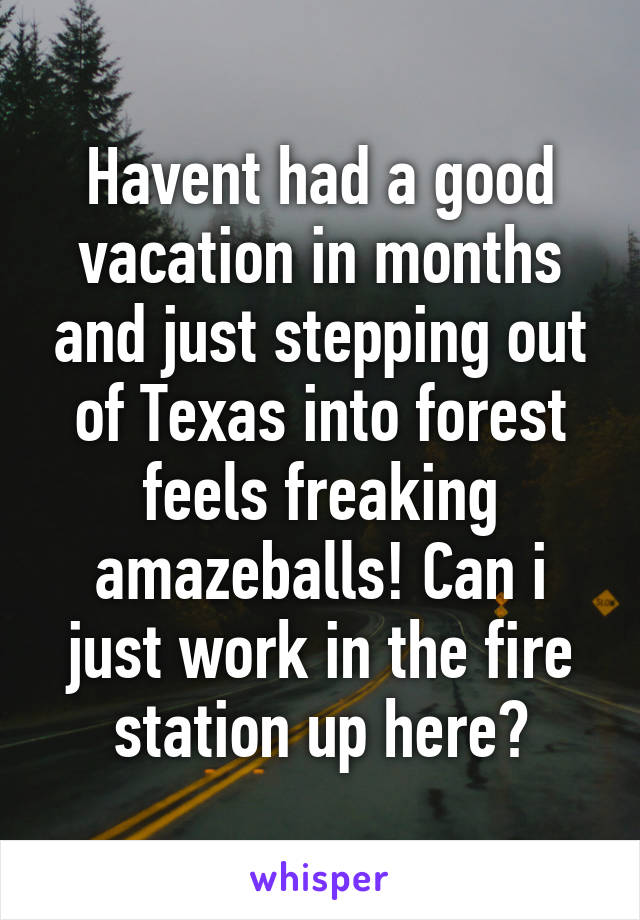 Havent had a good vacation in months and just stepping out of Texas into forest feels freaking amazeballs! Can i just work in the fire station up here?