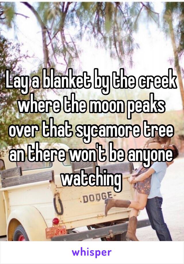 Lay a blanket by the creek where the moon peaks over that sycamore tree an there won't be anyone watching