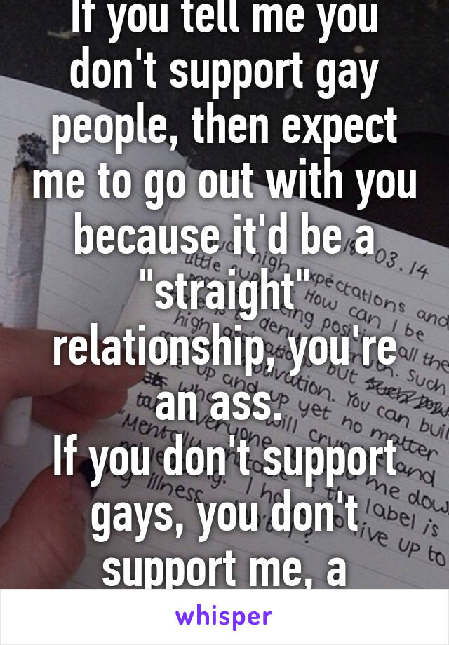 If you tell me you don't support gay people, then expect me to go out with you because it'd be a "straight" relationship, you're an ass. 
If you don't support gays, you don't support me, a pansexual. 