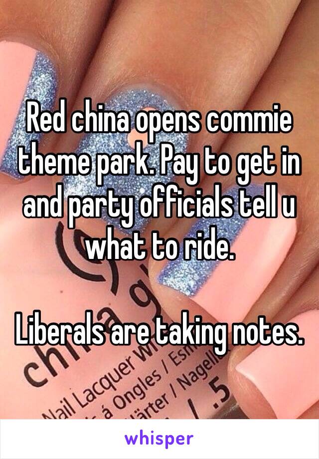 Red china opens commie theme park. Pay to get in and party officials tell u what to ride. 

Liberals are taking notes. 