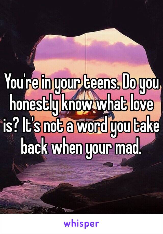 You're in your teens. Do you honestly know what love is? It's not a word you take back when your mad. 