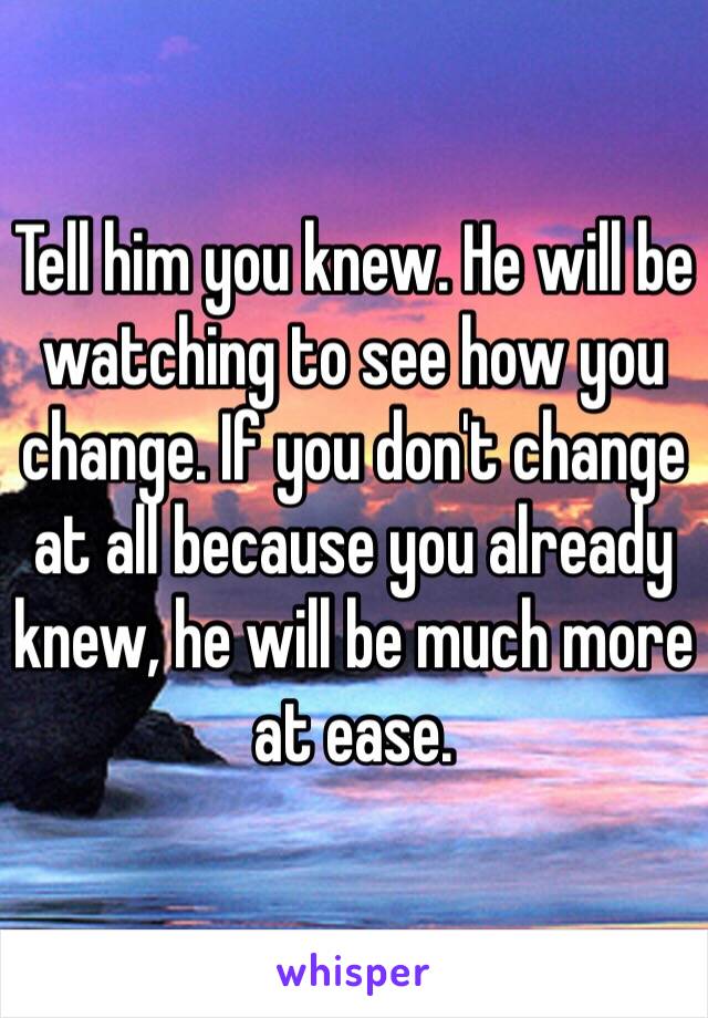 Tell him you knew. He will be watching to see how you change. If you don't change at all because you already knew, he will be much more at ease.