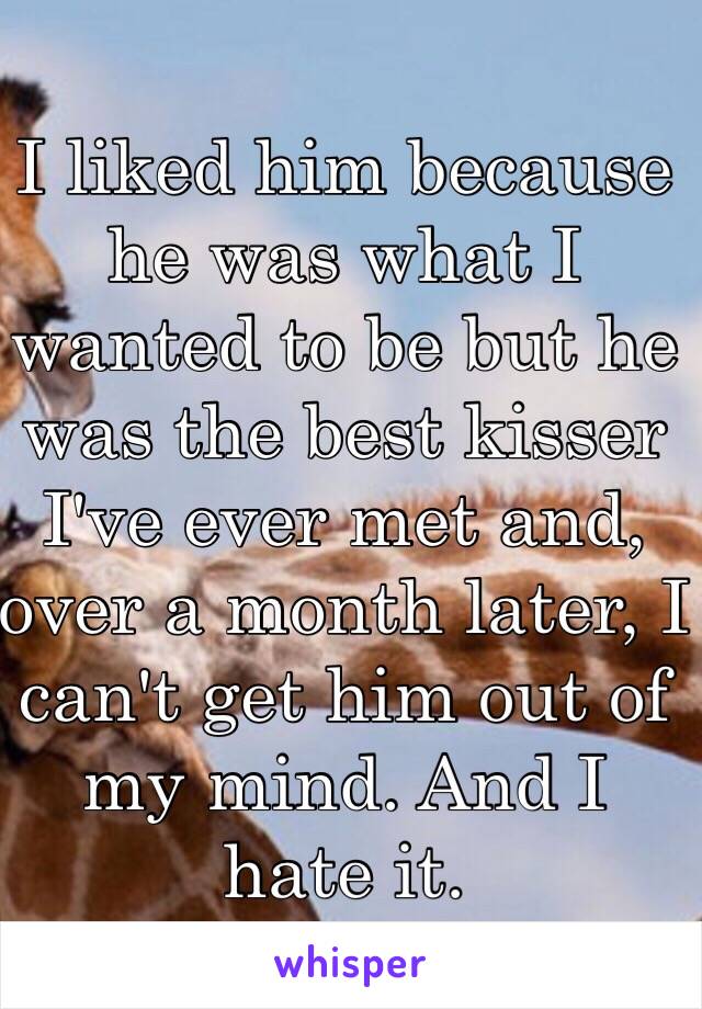 I liked him because he was what I wanted to be but he was the best kisser I've ever met and, over a month later, I can't get him out of my mind. And I hate it. 