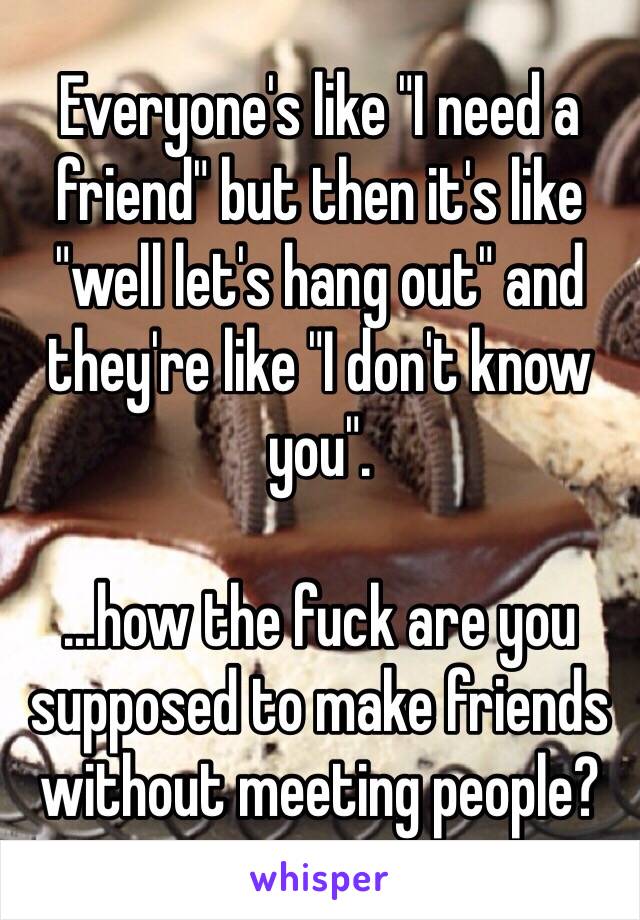 Everyone's like "I need a friend" but then it's like "well let's hang out" and they're like "I don't know you".

...how the fuck are you supposed to make friends without meeting people?