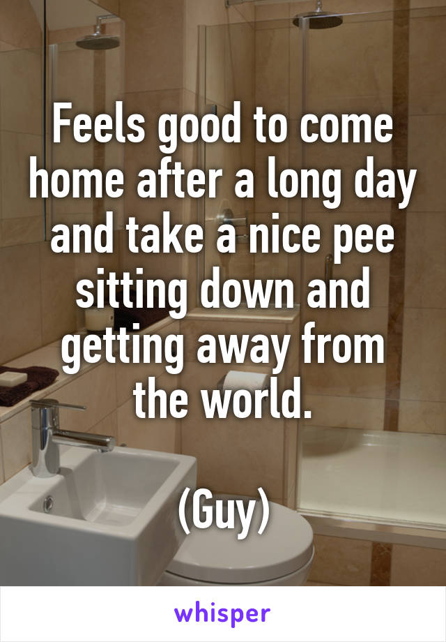 Feels good to come home after a long day and take a nice pee sitting down and getting away from the world.

(Guy)