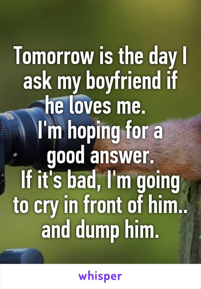 Tomorrow is the day I ask my boyfriend if he loves me.  
I'm hoping for a good answer.
If it's bad, I'm going to cry in front of him.. and dump him.