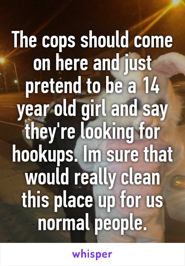 The cops should come on here and just pretend to be a 14 year old girl and say they're looking for hookups. Im sure that would really clean this place up for us normal people.