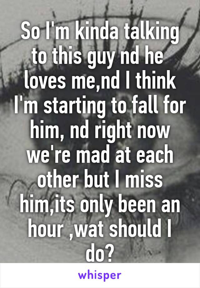 So I'm kinda talking to this guy nd he  loves me,nd I think I'm starting to fall for him, nd right now we're mad at each other but I miss him,its only been an hour ,wat should I do?